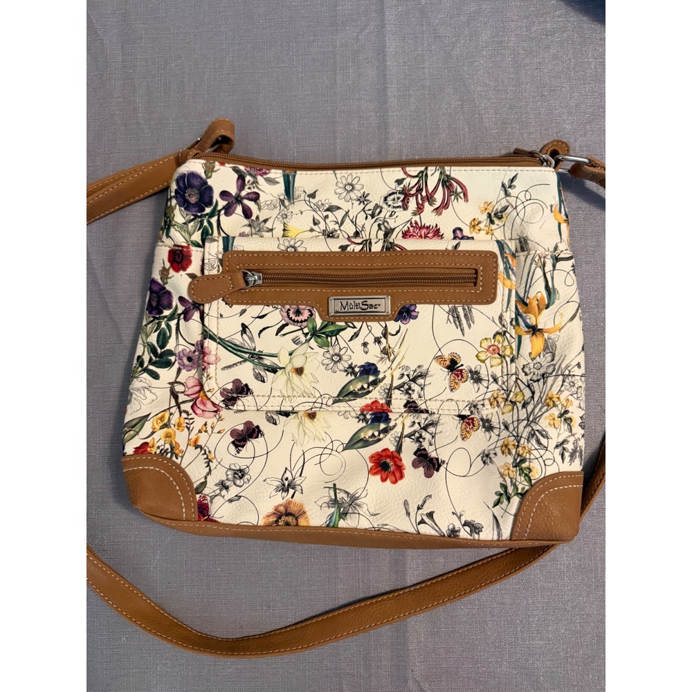 MultiSac Womens Floral Print Crossbody Bag Tan Trim Botanical Handbag Cream